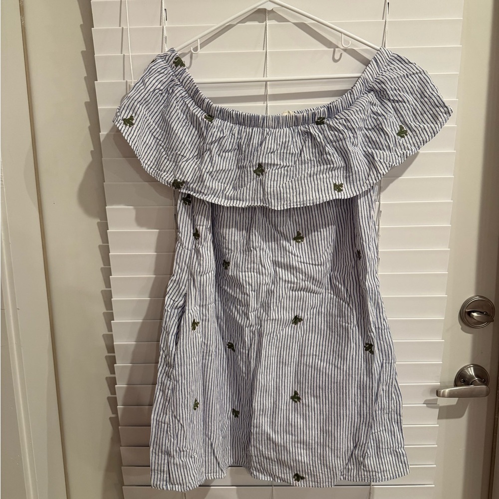 PPLA Blue and White Striped Dress with Green Embroidery